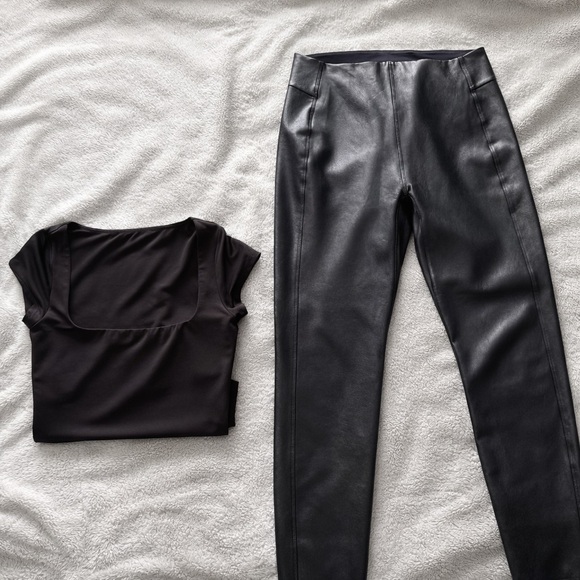 Black Faux Leather Leggings with Dark Brown Top - Picture 4 of 5